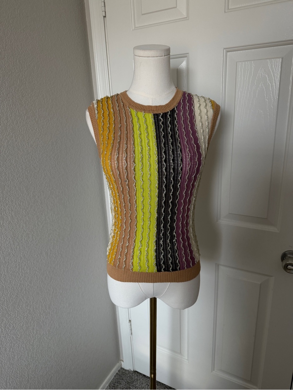Anthropologie Sleeveless Multi-Stripe Knit Crop Top - Tan, Yellow, Lime - Picture 2 of 5